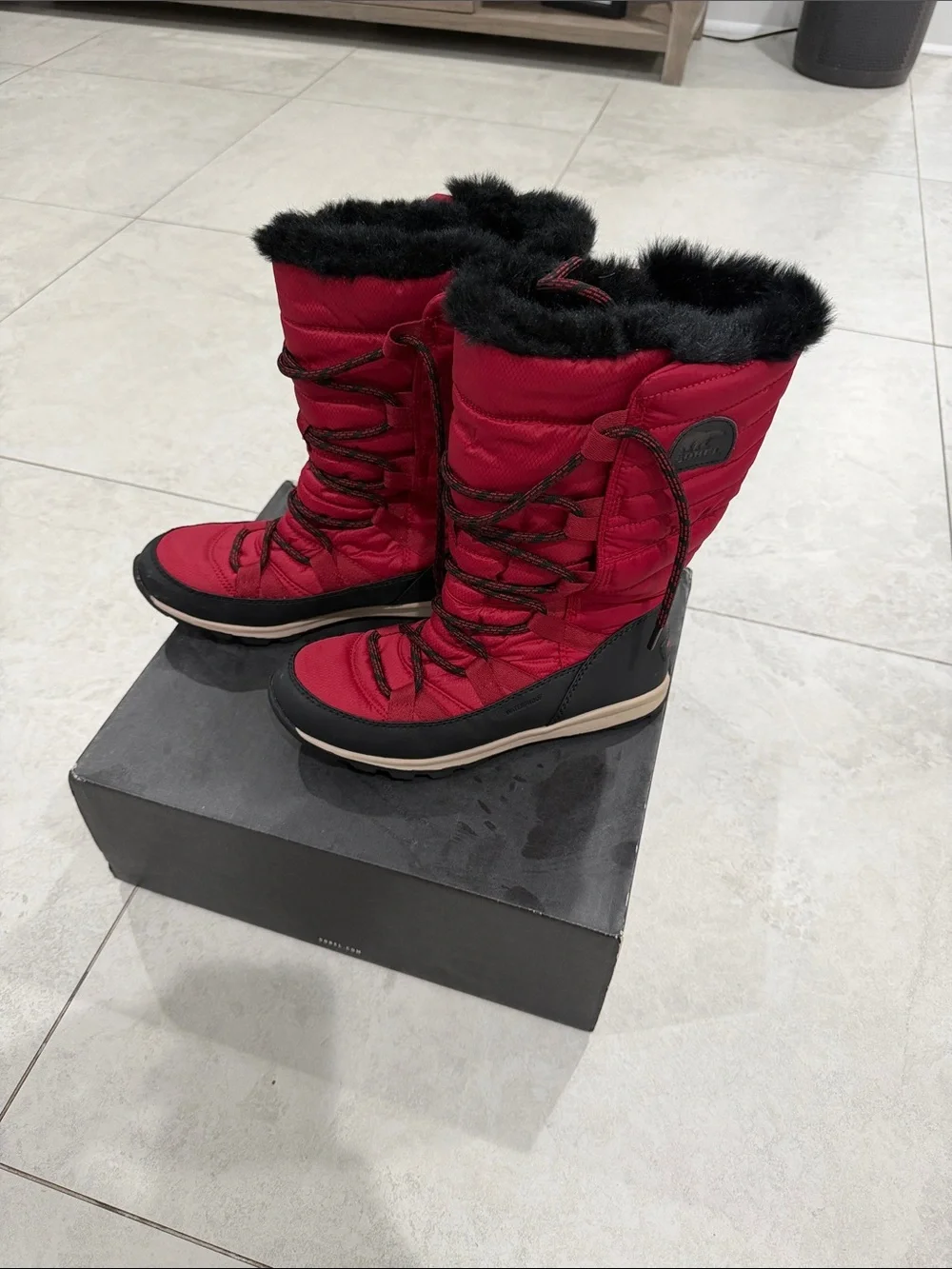 Sorel Red Lace-Up Faux Fur-Trim Winter Boots